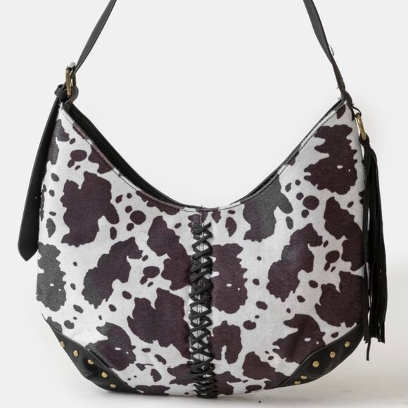 Fame Cow Print Hobo Shoulder Bag with Studded Details - Picture 1 of 3